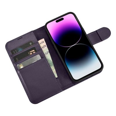 9. iCarer Wallet Case 2in1 etui iPhone 14 Pro skórzany pokrowiec z klapką Anti-RFID ciemnofioletowy (WMI14220726-DP)