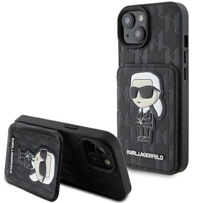 Etui Karl Lagerfeld Saffiano Cardslots and Stand Monogram Ikonik Patch do iPhone 15 - czarne