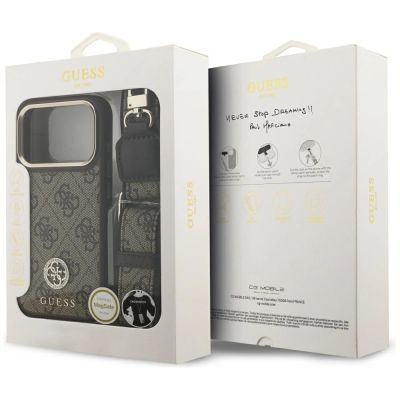 9. Etui Guess 4G Strass Logo & Big Strap Metal Buttons MagSafe na iPhone 17 Pro - brązowe