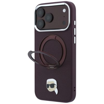 2. Etui Karl Lagerfeld with Ring Stand 360 Karl Head Pin MagSafe na iPhone 18 Pro / 17 Pro - burgundowe