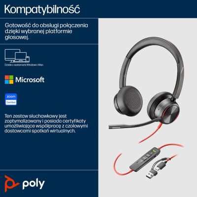 71. POLY Zestaw słuchawkowy Blackwire 8225 Stereo USB-C + przejściówka USB-C/A