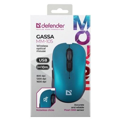6. DEFENDER MYSZ BEZPRZEWODOWA GASSA MM-105 RF SILENT CLICK NIEBIESKA 52102