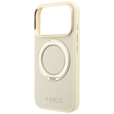 6. Etui Guess Ring Stand 360 Grained Classic Logo MagSafe na iPhone 18 Pro Max / 17 Pro Max - beżowe
