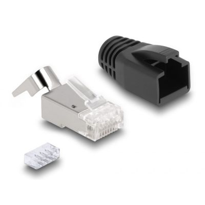 3. DeLOCK Wtyczka modułowa RJ45 z odgiętką, Cat.6A, Cat.7 i nasadki przeciwzagięciowe, zestaw 25 sztuk