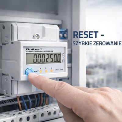 4. Qoltec 50980 Trójfazowy elektroniczny licznik z resetem | miernik zużycia energii na szynę DIN | 400V | 100A | LCD | LED | 4P