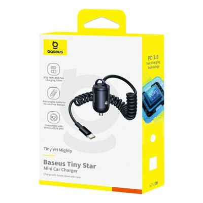 10. Ładowarka samochodowa Baseus Tiny Star 30W z wbudowanym spiralnym kablem USB-C - czarna