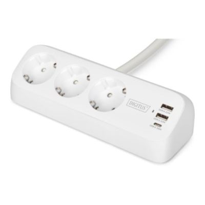 Digitus 3-drożna biurowa listwa zasilająca z 2 złączami USB-A i 1 złączem USB-C, biała