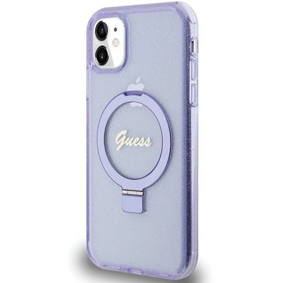 2. Etui Guess Ring Stand Script Glitter MagSafe na iPhone 11 / Xr - fioletowe