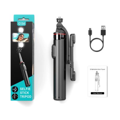 12. Selfie stick WC13YDS teleskopowy tripod 1.3m z podwójną lampą i uchwytem na telefon - czarny