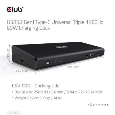 13. CLUB3D CSV-1562 stacja dokująca Dokujący USB 3.2 Gen 1 (3.1 Gen 1) Type-C Czarny