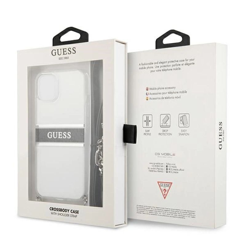 8. Etui Guess 4G Grey Strap Silver Chain na iPhone 13 mini - przezroczyste