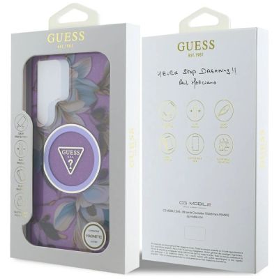 8. Etui Guess Glitter Flowers Triangle Buttons MagSafe na Samsung Galaxy S25 Ultra - fioletowe