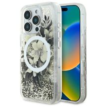 Etui Guess Liquid Glitter Flower MagSafe na iPhone 16 Pro - beżowe