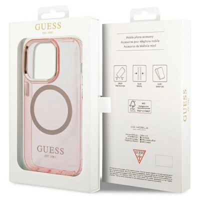 8. Etui Guess Gold Outline Translucent MagSafe na iPhone 14 Pro Max - różowe