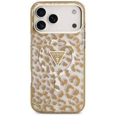 3. Etui Guess IML Leopard Glitter Triangle Logo MagSafe na iPhone 17 Pro Max / 18 Pro Max - brązowe