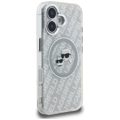 4. Etui Karl Lagerfeld IML Glitter Karl & Choupette Heads Logo MagSafe na iPhone 16 - szare