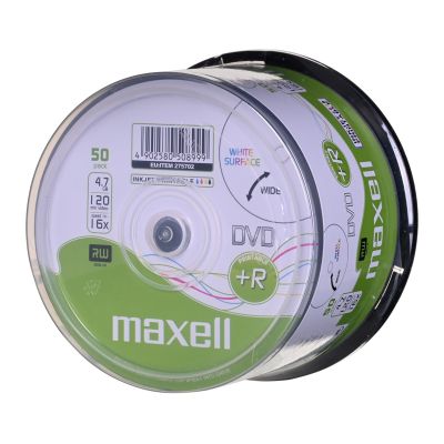2. MAXELL Płyta DVD+R 4,7GB, 50 szt.  w opakowaniu cake (szpindel). Prędkość zapisu 16X, 120 min.  Płyty do nadruku atramentowego. Przeznaczenie Multimedia.