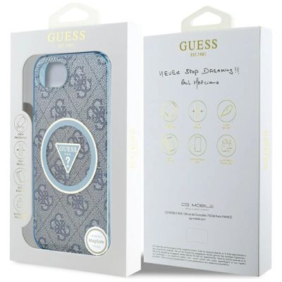 8. Etui Guess IML Metal Glitter 4G Circle Triangle MagSafe na iPhone 16e - niebieskie