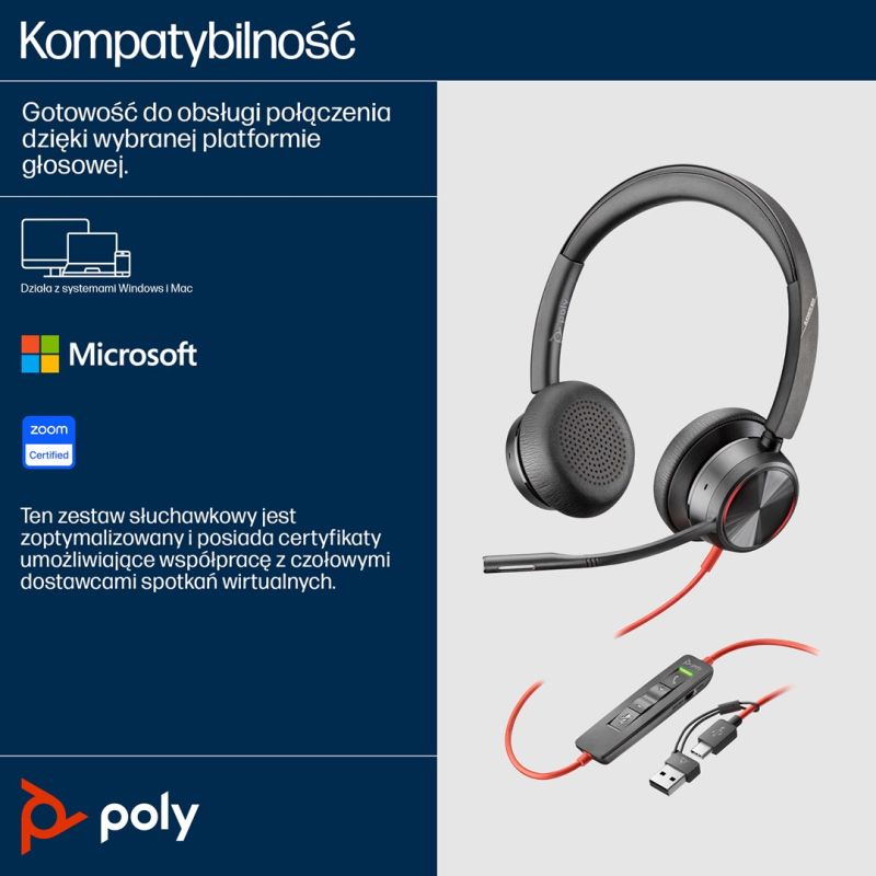 11. Zestaw słuchawkowy POLY Blackwire 8225 Stereo 8X225AA USB-C z certyfikatem Microsoft Teams + przejściówka USB-C/A