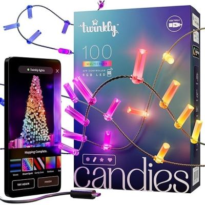 10. Twinkly Candies – 100 Lampki w kształcie świeczki RGB LEDs, zielony przewód, USB-C