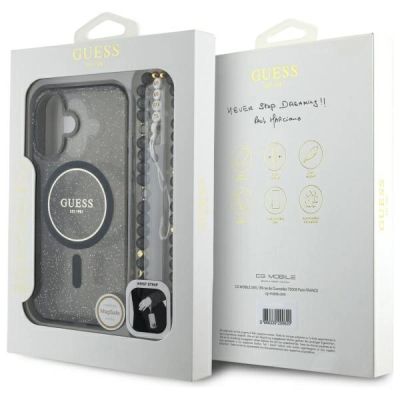 7. Etui Guess IML Glitter With Pearl Strap MagSafe na iPhone 16 - czarne