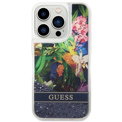 3. Etui Guess Flower Liquid Glitter na iPhone 14 Pro - niebieskie
