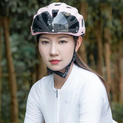 5. Kask rowerowy Rockbros z szybką, odpinane okulary z ochroną UV, odłączany daszek, unisex - różowy
