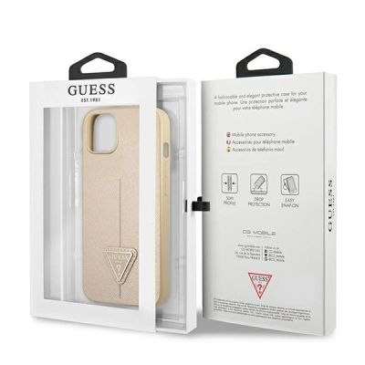 8. Etui Guess Saffiano Triangle Logo na iPhone 14 Plus - beżowe