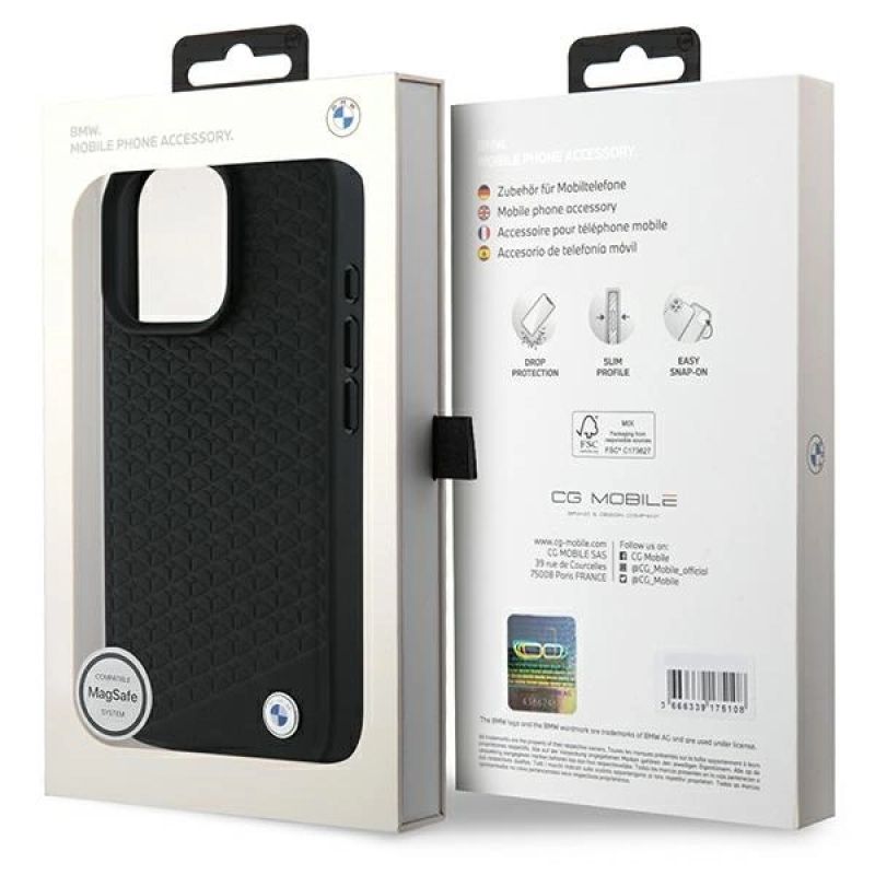 8. Etui BMW Signature Leather Diamond Metal Logo MagSafe na iPhone 16 Pro Max - czarne