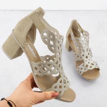 Sandały damskie na obcasie w cyrkonie beżowe Rieker 64773-61