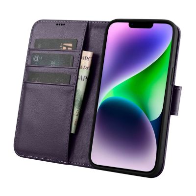 3. iCarer Wallet Case 2in1 etui iPhone 14 skórzany pokrowiec z klapką Anti-RFID ciemnofioletowy (WMI14220725-DP)