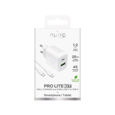 2. Ładowarka sieciowa Puro PROLITE 25W USB-A / USB-C + kabel USB-C - USB-C 1.2m - biała