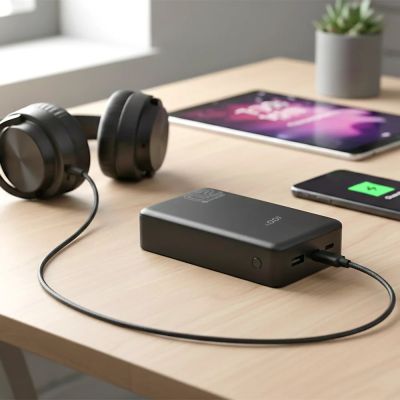 7. EVERACTIVE POWERBANK 20 000MAH, 1X USB, 2X USB-C, 20W, QC4+, WYŚWIETLACZ LCD, CZARNY EB-22QB