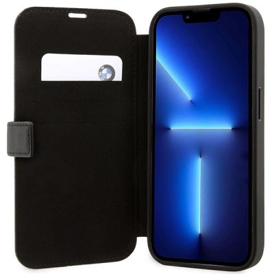 6. Etui BMW Leather Stamp Blue Lines na iPhone 14 Pro - czarne