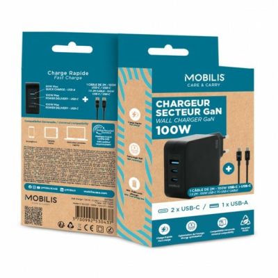 7. Mobilis Charger 100W 2USB C 1USBA GaN cable 100W Laptop, Smartfon, Tablet Czarny Prąd przemienny Wewnętrzna