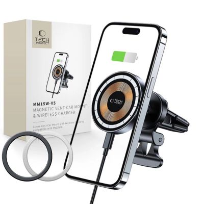 Uchwyt Tech-Protect MM15W-V5 samochodowy na telefon z ładowarką indukcyjną MagSafe 15W na kratkę nawiewu - czarny