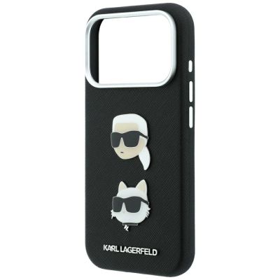 6. Etui Karl Lagerfeld Saffiano with Karl & Choupette Heads Pins & Logo na iPhone 18 Pro / 17 Pro - czarne