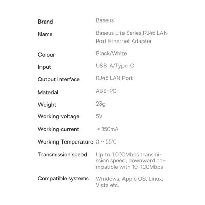18. Baseus Lite Series zewnętrzna karta sieciowa USB Typ C - RJ-45 1Gbps (1000Mbps) czarny (WKQX000301)