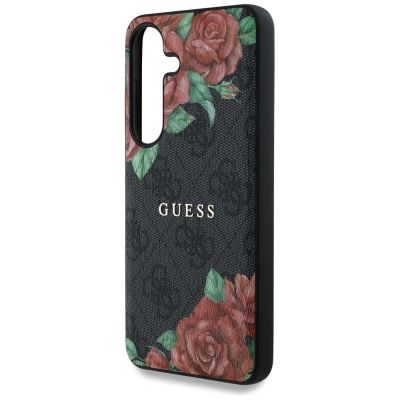 6. Etui Guess Leather 4G Flowers Print Metal Classic Logo MagSafe na Samsung Galaxy S25 - czarne
