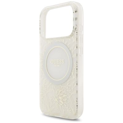 6. Etui Guess IML Flowers Electro Pearl Strap MagSafe na iPhone 17 Pro - białe