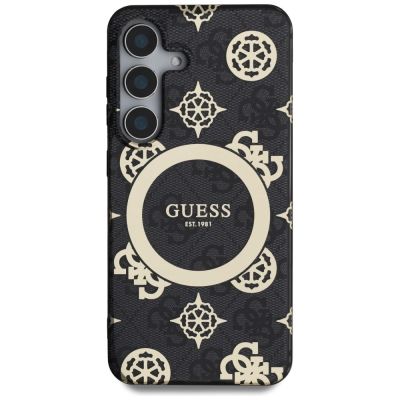 3. Etui Guess 4G Background Gold Electroplated Peony Pattern MagSafe do Samsung Galaxy S25 czarny