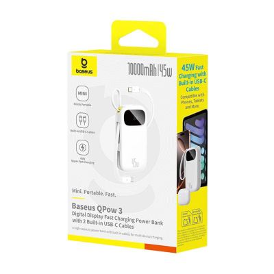 3. Powerbank Baseus EnerFill FC31 QPow3 10000mAh 45W z wyświetlaczem cyfrowym z 2 wbudowanymi kablami USB-C - biały