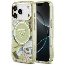 Etui Guess IML Glitter Flowers Triangle MagSafe na iPhone 17 Pro Max - zielone