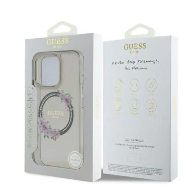 8. Etui Guess IML Flowers Wreath MagSafe na iPhone 16 Pro - czarne