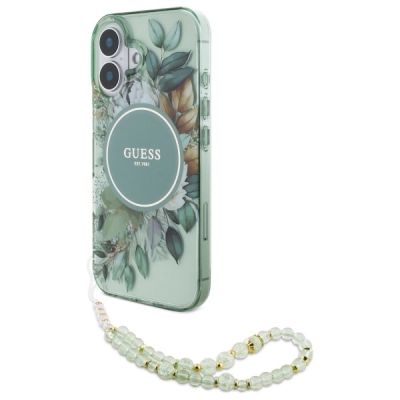 Etui Guess IML Flowers With Pearl Strap MagSafe na iPhone 16 Plus - zielone