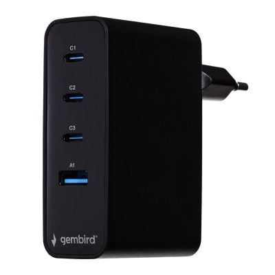 2. GEMBIRD 4-PORTOWA SZYBKA ŁADOWARKA SIECIOWA GAN (PD) USB (3X USB-A + 1X USB TYP-C) 100W, CZARNA