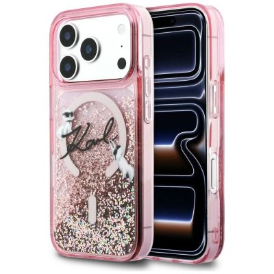 Etui Karl Lagerfeld Liquid Glitter Karl Script Logo MagSafe na iPhone 17 Pro - różowe