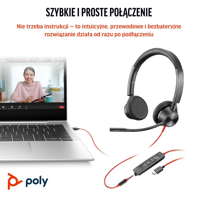 215. Słuchawki Poly Blackwire 3325 Stereo MS Teams Certified USB-C Headset +3.5mm Plug +USB-C/A Adapter 8X222AA