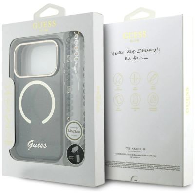 8. Etui Guess IML Glitters Script Strap MagSafe na iPhone 17 Pro - czarne