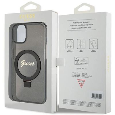 8. Etui Guess Ring Stand Script Glitter MagSafe na iPhone 13 / 14 / 15 - czarne